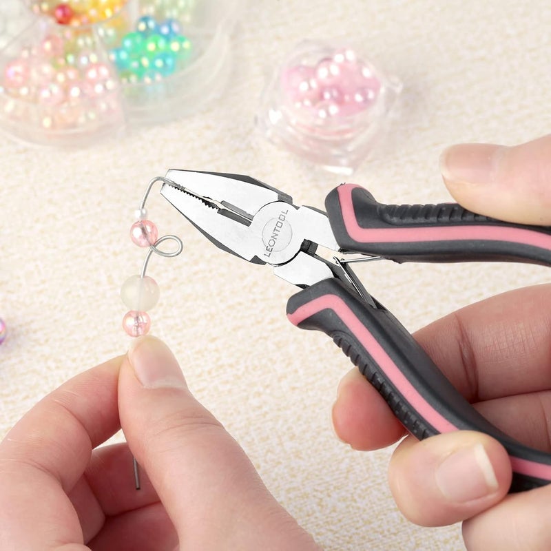 LEONTOOL Mini Linemans Pliers Spring Loaded 5 Inches Wire Cutter with Serrated Jaw Chromium Vanadium Steel Construction Mini Combination Pliers for Jewelry Making, Pink Tool for Women - Image 3